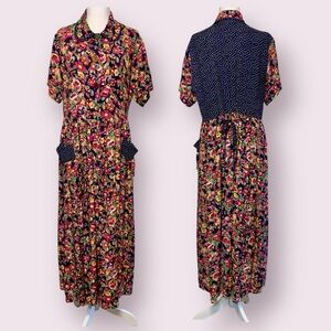 Betty Hadikusumo Maxi Dress Contrast Print Floral & Polka Dots Pink Blue Large